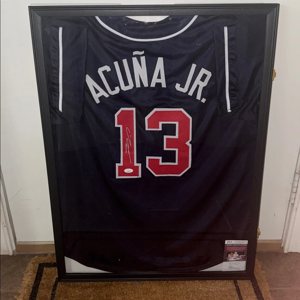 Framed Autographed/Signed Ronald Acuna Jr. Atlanta Blue Jersey with JSA COA